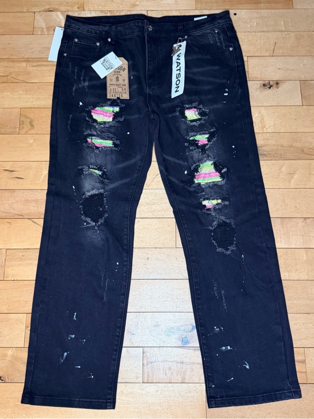 WATSON DENIM BLACK DISTRESSED MULTI RIP Rhinestone paint splatter Jeans Men’s 40